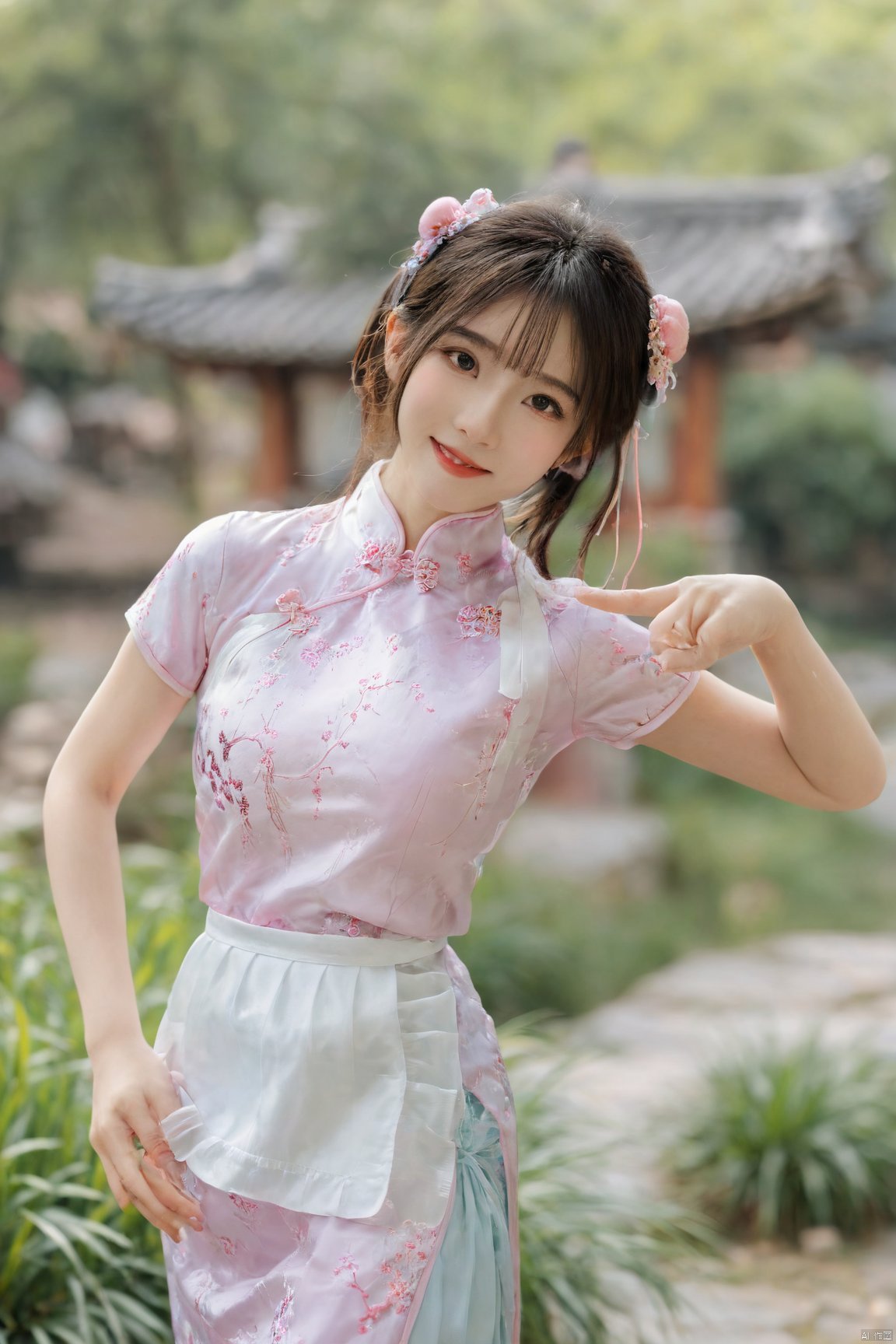  best quality, masterpiece,Depth of field,kind smile,looking_at_viewer,Dynamic pose,RAW photo,1girl,Xcheongsam,(big breasts:1.39),ping dress,