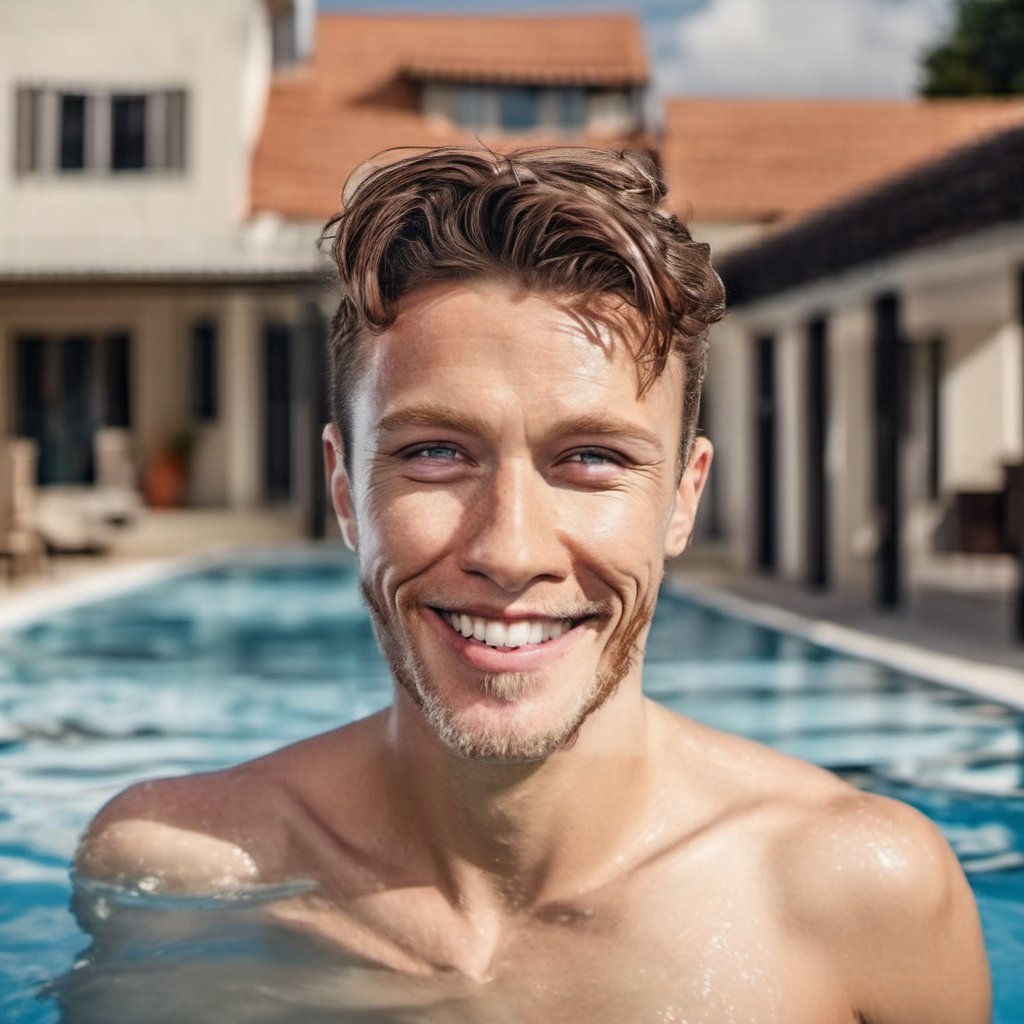 masterpiece,one younger man  in a swimmingpool.high quality,professional phography,smile,younger,portait,