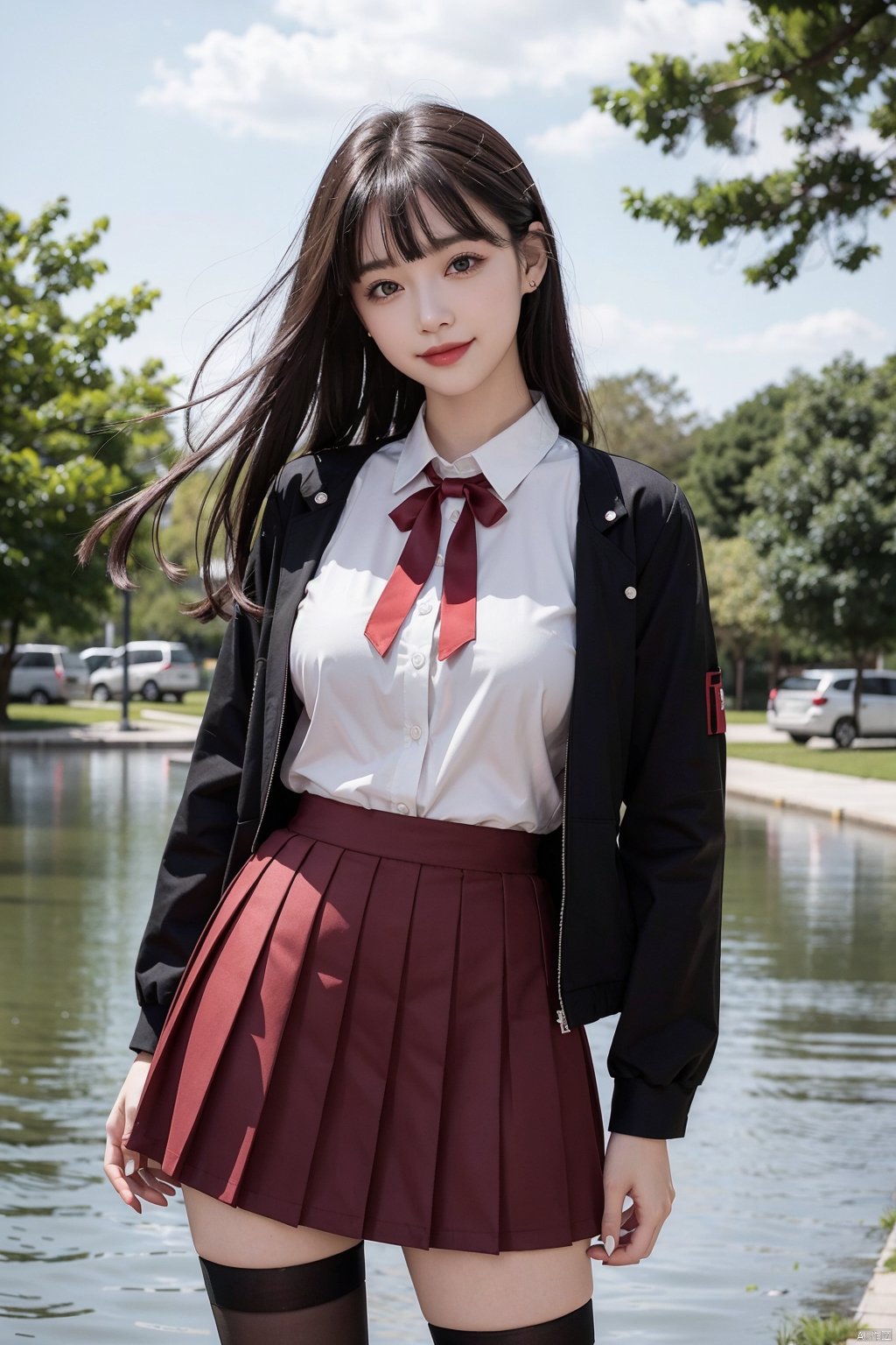 , 1girl, solo, skirt, pantyhose, long hair, black hair, outdoors, smile, ribbon, red ribbon, looking at viewer, red eyes, pleated skirt, neck ribbon, shirt, black pantyhose, school uniform, black skirt, bangs, long sleeves, black jacket, jacket, blush, white shirt, standing, leaf, closed mouth, water, tree, black nails, collared shirt, breasts, wading, sky, day, water drop, feet out of frame, nail polish, clothes lift, skirt hold, medium breasts, lifted by self