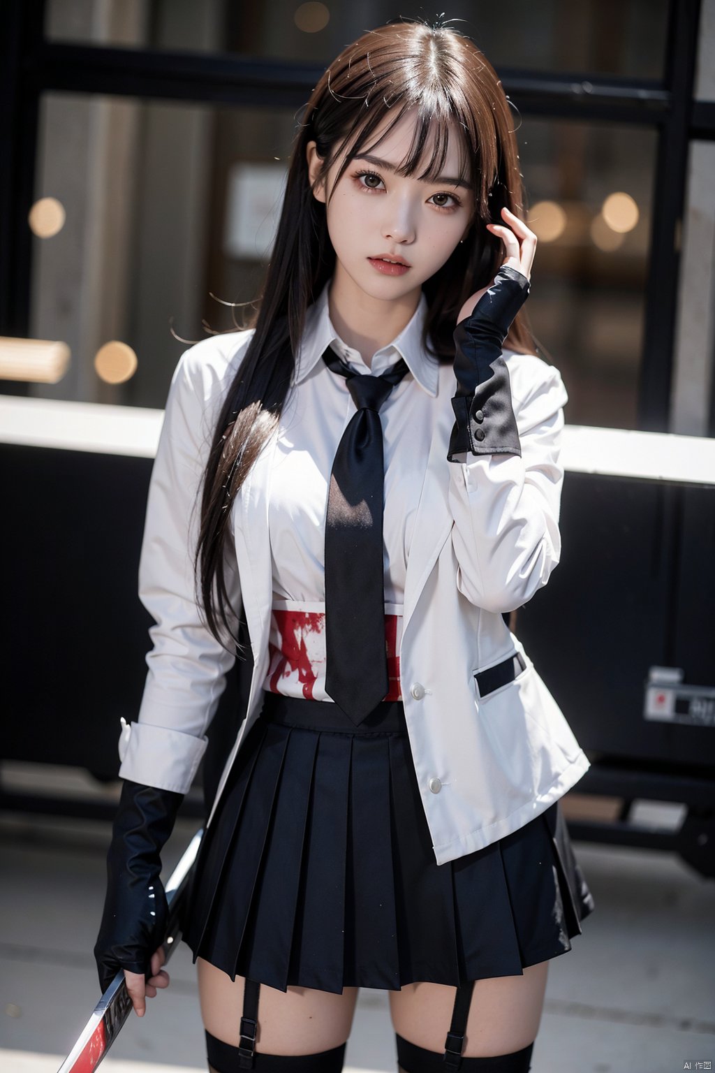 , 1girl, solo, skirt, weapon, sword, shirt, long hair, holding, white shirt, jacket, pleated skirt, red eyes, blood, holding weapon, open clothes, holding sword, rain, black hair, blurry, gloves, black jacket, blurry background, open jacket, bangs, necktie, collared shirt, closed mouth, katana, very long hair, black gloves, fingerless gloves, looking at viewer, dress shirt, depth of field, long sleeves, floating hair, blood on face, arms up, thighhighs, breasts, standing, blood on clothes, garter straps, grey skirt, v-shaped eyebrows, injury, medium breasts, outdoors, cuts, blue necktie, hair between eyes, sheath, cowboy shot, wet