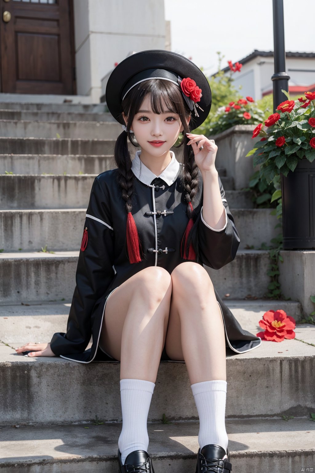 , 1girl, hu tao \(genshin impact\), socks, red eyes, hat, flower, long hair, stairs, solo, white socks, smile, looking at viewer, sitting, long sleeves, ring, red flower, shorts, twintails, very long hair, jewelry, grin, ghost, symbol-shaped pupils, plum blossoms, black headwear, shoes, black shorts, multiple rings, boo tao \(genshin impact\), bangs, black footwear, black nails, shirt, hair between eyes, flower-shaped pupils, full body, sitting on stairs, black hair, brown hair, chinese clothes, nail polish, outdoors, tassel, thighs, porkpie hat, coat, hat flower, kneehighs, sleeves past wrists, red shirt, short shorts