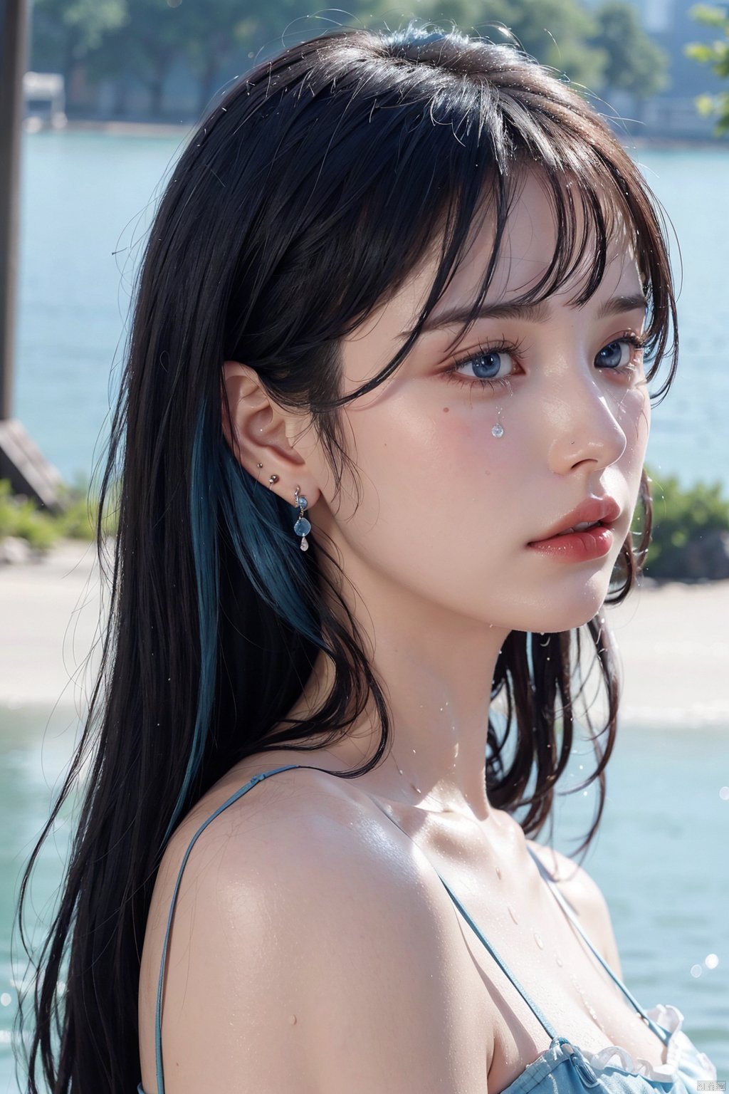 , 1girl, solo, rain, wet hair, parted lips, blue eyes, wet, blue hair, bangs, profile, lips, long hair, from side, tears, crying, portrait, crying with eyes open, nose, eyelashes, water drop, messy hair, earrings, blue background, jewelry, looking away