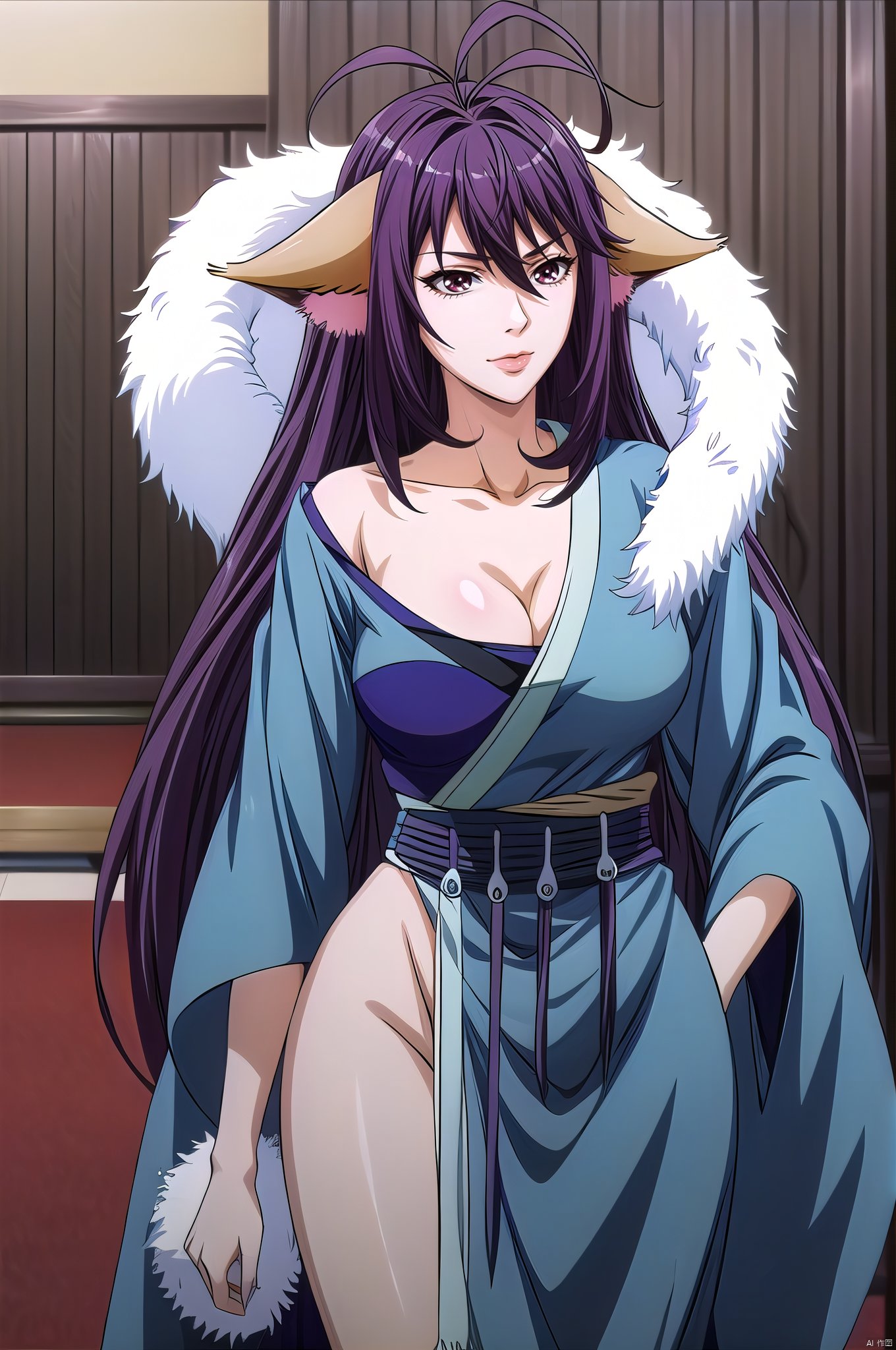 Yaya, 1girl, solo, animal ears, breasts, long hair, antenna hair, cleavage, large breasts, japanese clothes, purple hair, kimono, very long hair, brown eyes,upper_body,