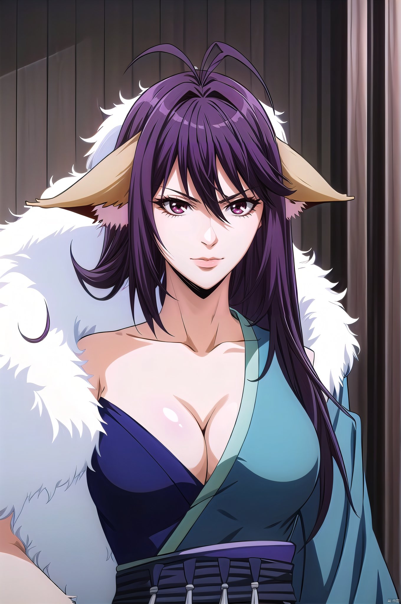 Yaya, 1girl, solo, animal ears, breasts, long hair, antenna hair, cleavage, large breasts, japanese clothes, purple hair, kimono, very long hair, brown eyes,upper_body,Arrogant,