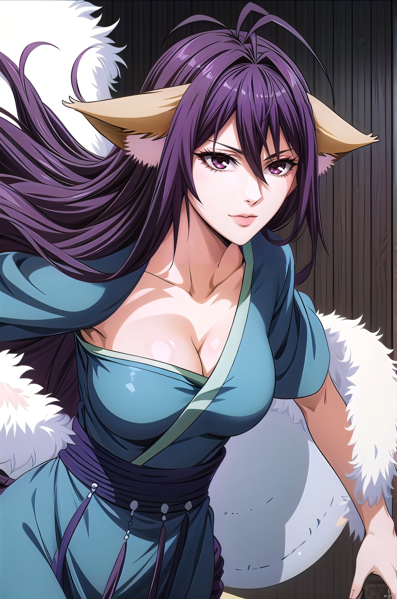 Yaya, 1girl, solo, animal ears, breasts, long hair, antenna hair, cleavage, large breasts, japanese clothes, purple hair, kimono, very long hair, brown eyes,upper_body,