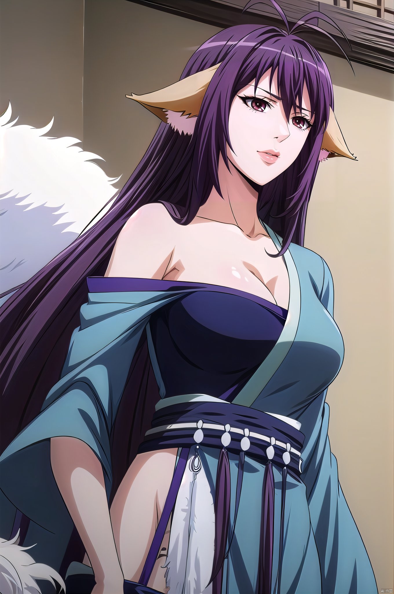 Yaya, 1girl, solo, animal ears, breasts, long hair, antenna hair, cleavage, large breasts, japanese clothes, purple hair, kimono, very long hair, brown eyes,(upper_body:1.5),