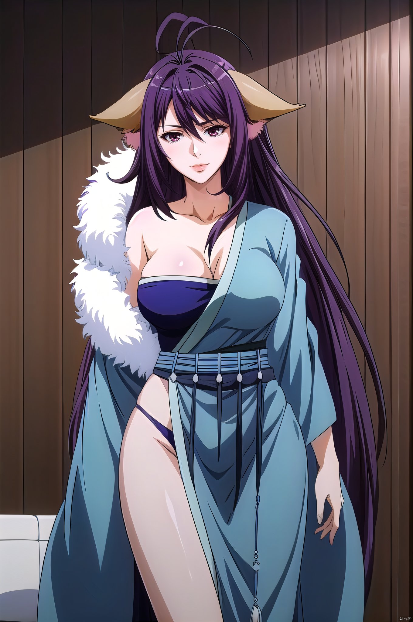 Yaya, 1girl, solo, animal ears, breasts, long hair, antenna hair, cleavage, large breasts, japanese clothes, purple hair, kimono, very long hair, brown eyes,