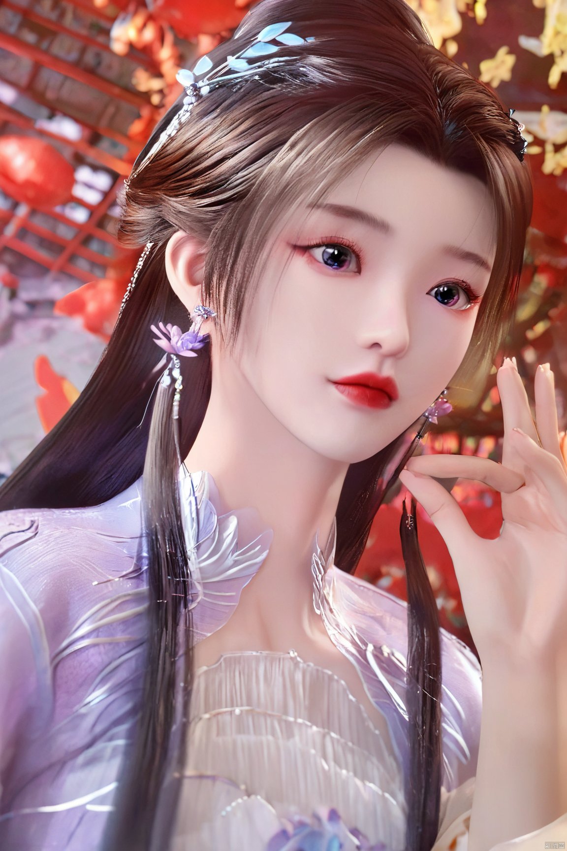  best quality,masterpiece,Xlimuwan,1girl,solo,very long hair,looking at viewer,jewelry,closed mouth,purple eyes,upper body,purple hair,earrings,blurry,blurry background,sunlight,red lips,(big breasts:1.29),Xcheongsam,X-ziling, Yunxiao_xianzi,hand