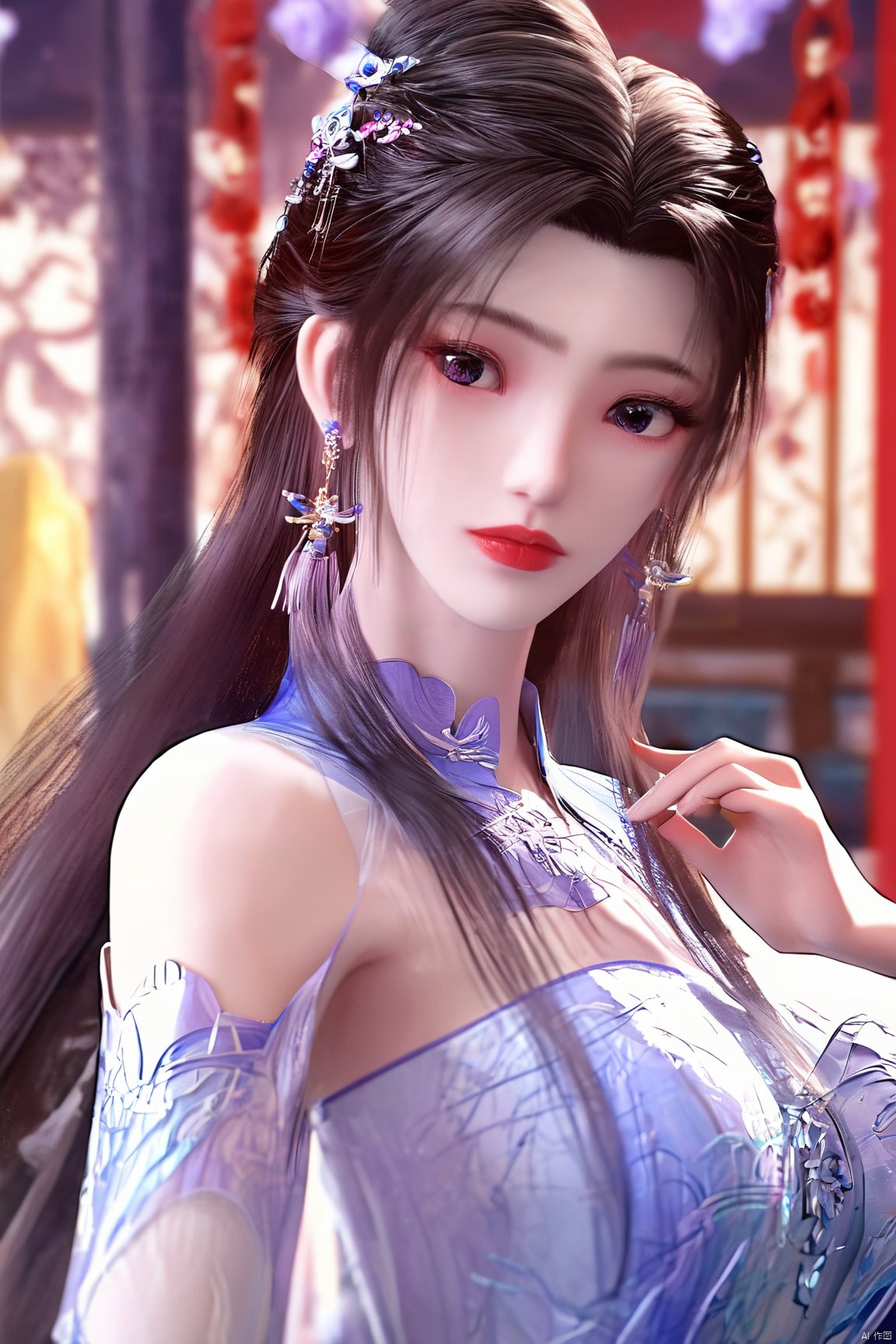  best quality,masterpiece,Xlimuwan,1girl,solo,very long hair,looking at viewer,jewelry,closed mouth,purple eyes,upper body,purple hair,earrings,blurry,blurry background,sunlight,red lips,(big breasts:1.29),Xcheongsam,X-ziling, Yunxiao_xianzi,hand