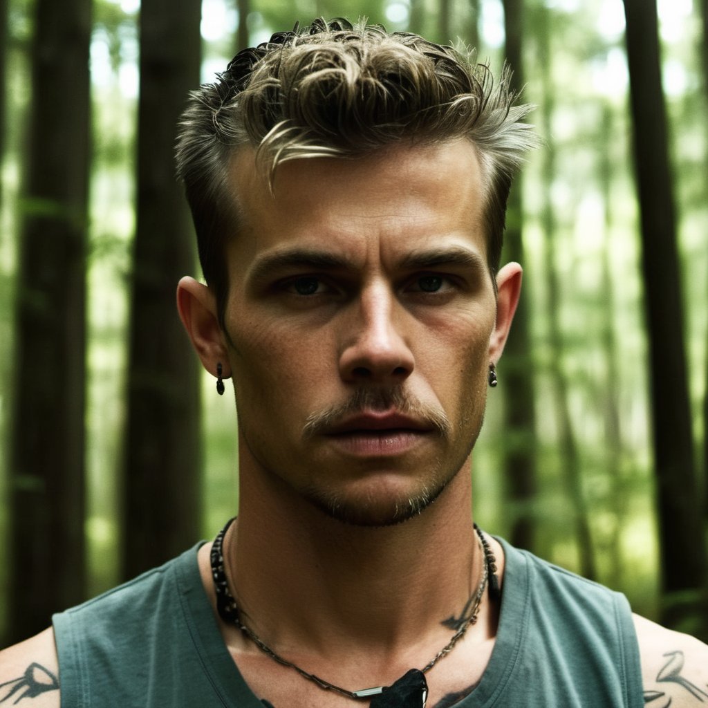 30 years old man, yokel, redneck, handsome, blonde, american, hillbilly, thug, tattooed, face tattoo, white supremacist, skinny, thin, scruffy face, stubble, deer hunter, degenerate, Timothy Olyphant, in the forest, 

8k, 4k, cinematic lighting, very dramatic, very artistic, soft aesthetic, innocent, realistic, masterpiece, ((perfect anatomy): 1.5), best resolution, maximum quality, UHD, life with detail, analog, cinematic moviemaker style