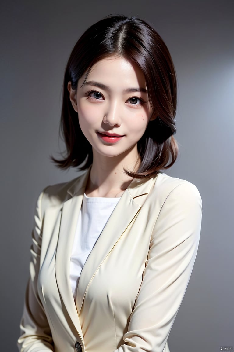 (Highly detailed CG Unity 8K wallpaper, highest quality, Super detailed, look at the camera, light shines on your face, gray background, professional lighting), Japan female, 26 years old, Upper body composition with brightly lit face. She has an oval face, soft arched eyebrows, bright expressive eyes,, pronounced nose, And a friendly smile. Her hair is shoulder-length, straight, Dyed a light chestnut color. she is wearing a smart casual blouse, Probably soft colors, Paired with a chic blazer, Embody her lively and sociable personality