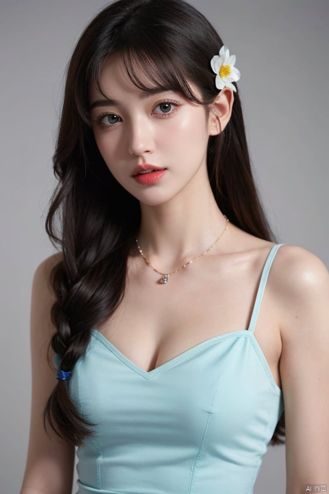 1girl, solo, long hair, breasts, looking at viewer, bangs, blue eyes, black hair, hair ornament, dress, cleavage, jewelry, medium breasts, collarbone, upper body, braid, flower, parted lips, artist name, hair flower, necklace, lips, wet, see-through, parted bangs, eyelashes, watermark, light particles, lantern, nose, light, mascara