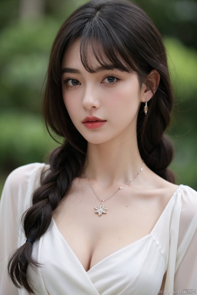 1girl, solo, long hair, breasts, looking at viewer, bangs, blue eyes, black hair, hair ornament, dress, cleavage, jewelry, medium breasts, collarbone, upper body, braid, flower, parted lips, artist name, hair flower, necklace, lips, wet, see-through, parted bangs, eyelashes, watermark, light particles, lantern, nose, light, mascara