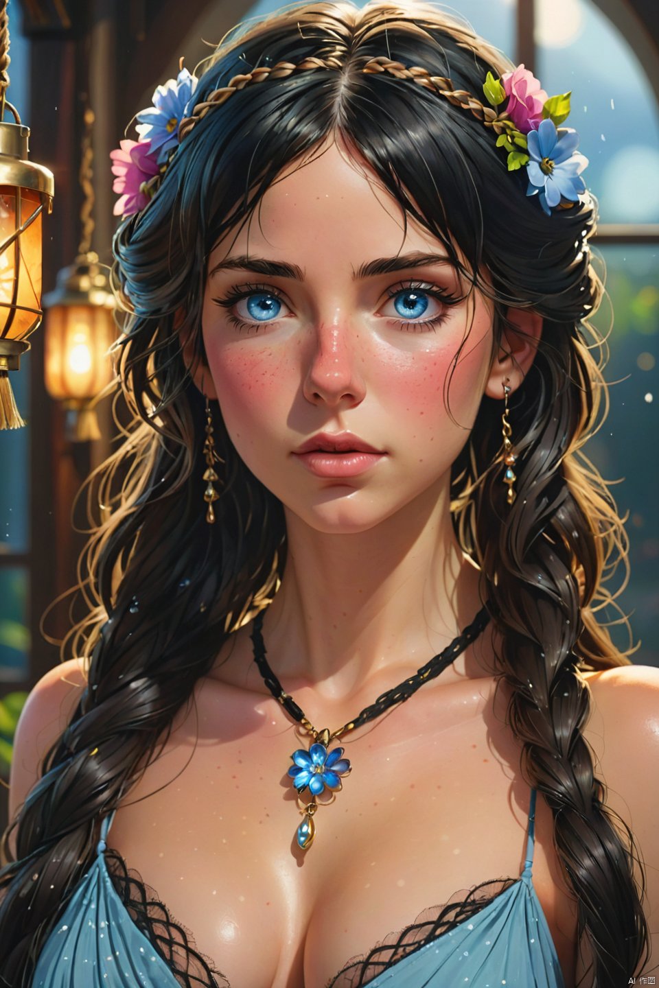 1girl, solo, long hair, breasts, looking at viewer, bangs, blue eyes, black hair, hair ornament, dress, cleavage, jewelry, medium breasts, collarbone, upper body, braid, flower, parted lips, artist name, hair flower, necklace, lips, wet, see-through, parted bangs, eyelashes, watermark, light particles, lantern, nose, light, mascara