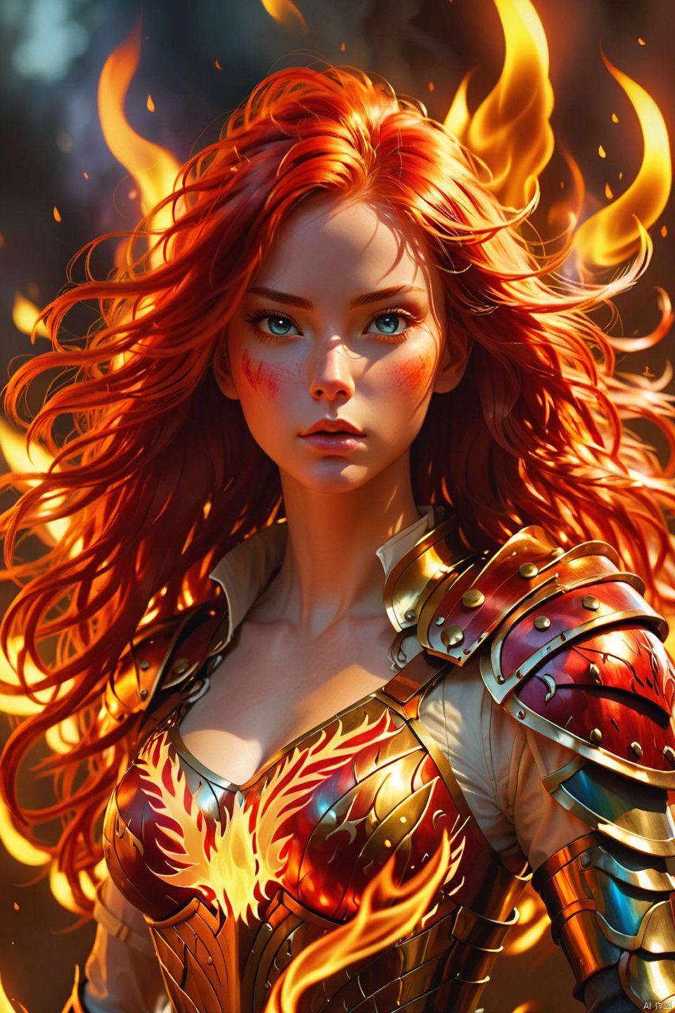 (Flame, blazing flames: 1), (body burning flames: 1.2), (magical flames: 1.2), (numerous flames floating around the girl), (best quality), (masterpiece), (super detail), super detail CG, (illustration), (light of detail), (an extremely exquisite and beautiful), girl, solo, (upper body,), (cute face), expressionless, (beautiful detail eyes), full breasts, (midchest: 1.2) red feathers, (vertical pupils: 1.2) red hair, shiny hair, five colors and six colors of hair, [Armored Woman] Armor decoration emits red flames, [suspended flames], emitting flames to decorate hair, depth of field, (firelight), whole body,
Transparent and semi transparent material,
