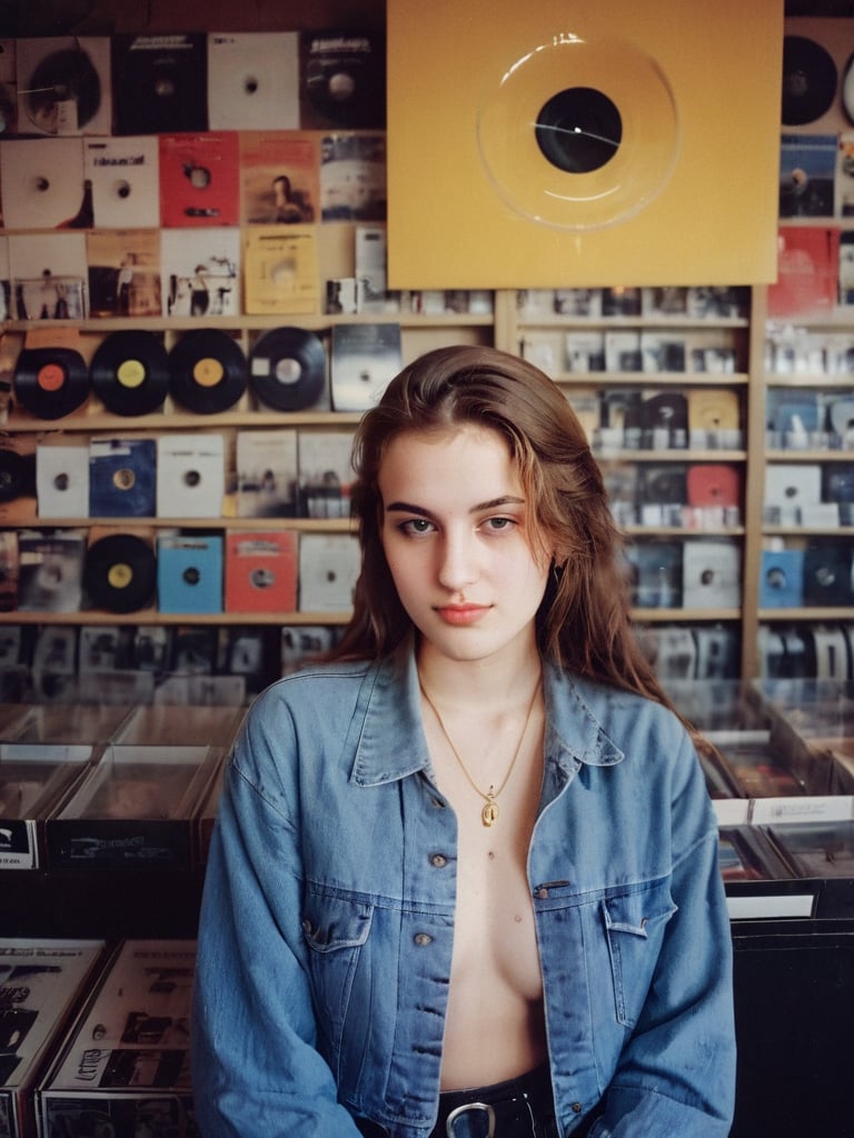 AMAZING PHOTO portrait young woman in record store photography 90s style Analogic clothes and environment from the 90s 90s style , 80s style , Analogic , 1990s