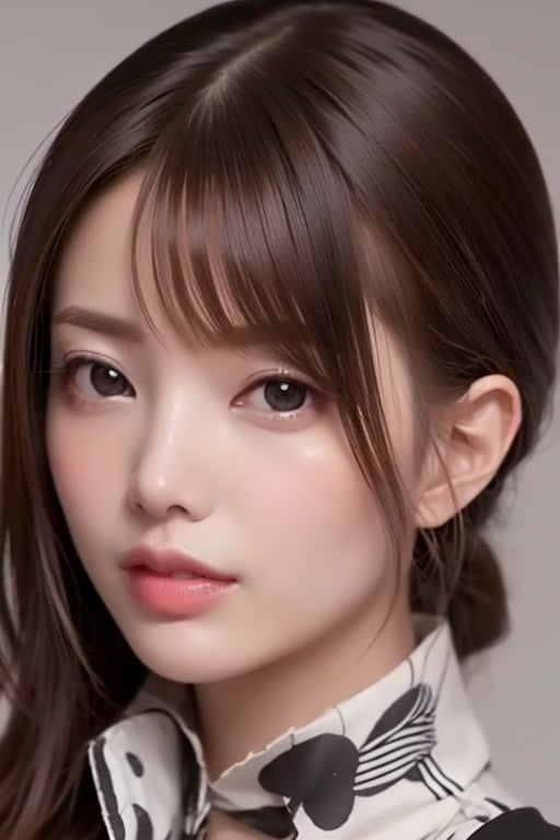 1girl
solo
brown hair
closed mouth
grey background
collar
lips
realistic ,beauty,yui,masterpiece,best quality,konoha 
