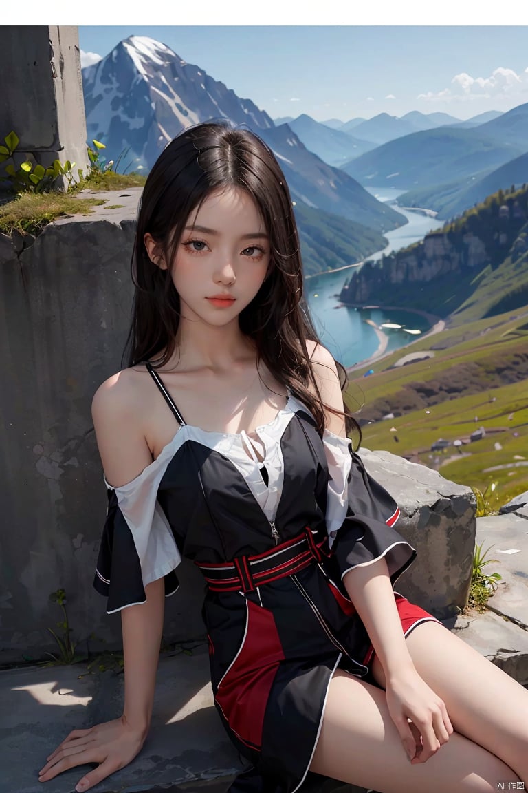 (High quality, High resolution, High quality, Fine details), 1girl, black hair, long hair, mountain background, simple background, bare shoulders, seated fashion,