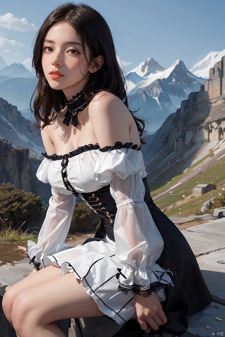 (High quality, High resolution, High quality, Fine details), 1girl, black hair, long hair, mountain background, simple background, bare shoulders, detached sleeves,frilled dress, ,seated fashion,