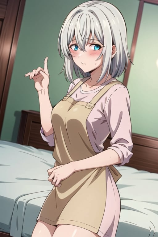 ine saitou, bangs, blue eyes, hair between eyes, white hair, grey hair, medium hair,shirt, apron, pink shirt,indoors, bed, bed room, on side, blush, drunk,looking at viewer, cowboy shot, dutch angle,