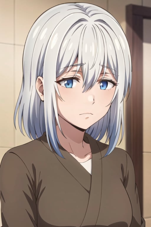 Ine saitou, bangs, blue eyes, hair between eyes, white hair, grey hair, medium hair,