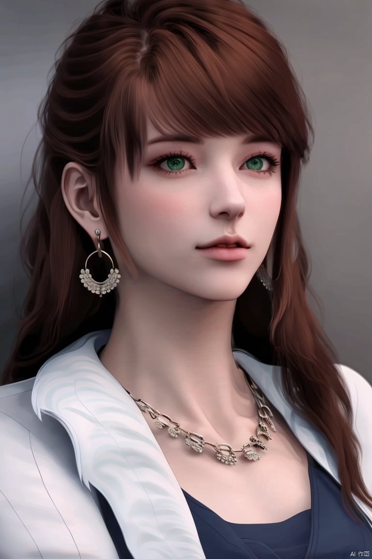 1girl, solo, long hair, breasts, bangs, brown hair, jewelry, closed mouth, green eyes, upper body, earrings, necklace, lips, realistic