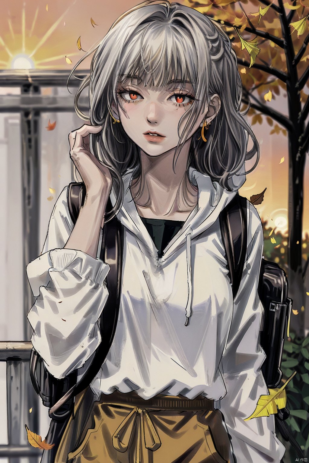 1girl, solo, best quality, white hair,orange theme, blurry background, falling leaves, holding leaf, parted lips, red eyes, long hair, brown hair, bangs, shirt, yellow hoodie, hood down, long sleeves, shoulder bag, backpack, necklace, school bag, outdoors, earbuds, fence, hand in pocket, tree, autumn leaves, drawstring, blurry foreground, depth of field, sunset, ginkgo leaf, orange sky, maple leaf, motion blur, fire 