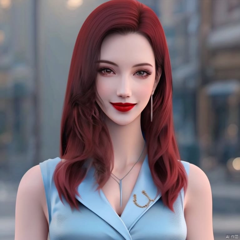 1girl, solo, long hair, looking at viewer, smile, jewelry, upper body, red hair, earrings, sleeveless, necklace, makeup, lipstick, realistic, red lips