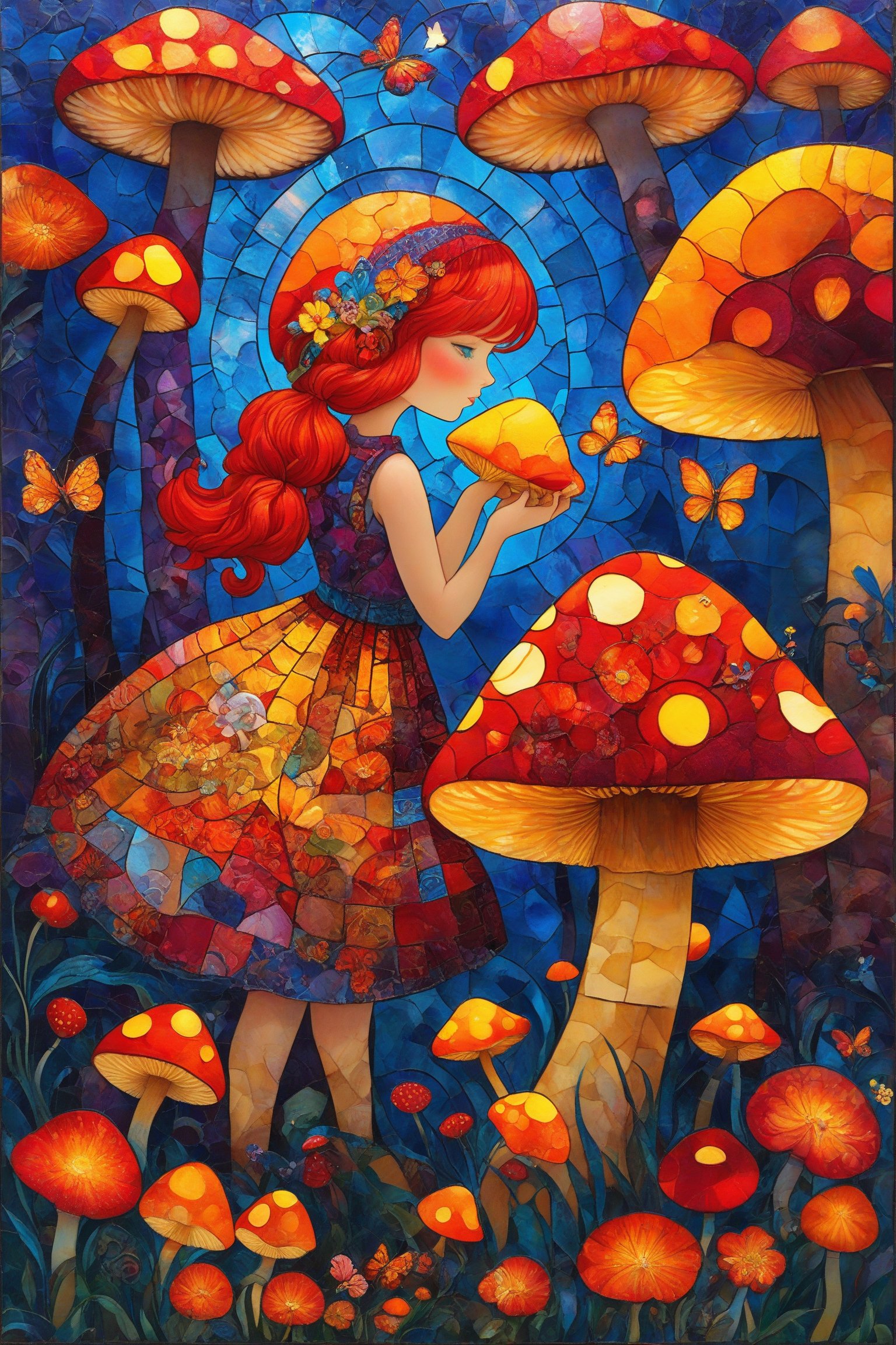 A vibrant and colorful artwork. At the center, there's a girl with red hair, wearing a patchwork dress, gently caressing a large mushroom. The mushroom has a vivid red cap with circular patterns and a golden stem. Surrounding the girl and mushroom are various other mushrooms, flowers, and butterflies. The background is a mosaic of blue tones, with abstract patterns and swirls, giving the entire scene a dreamy and magical ambiance.