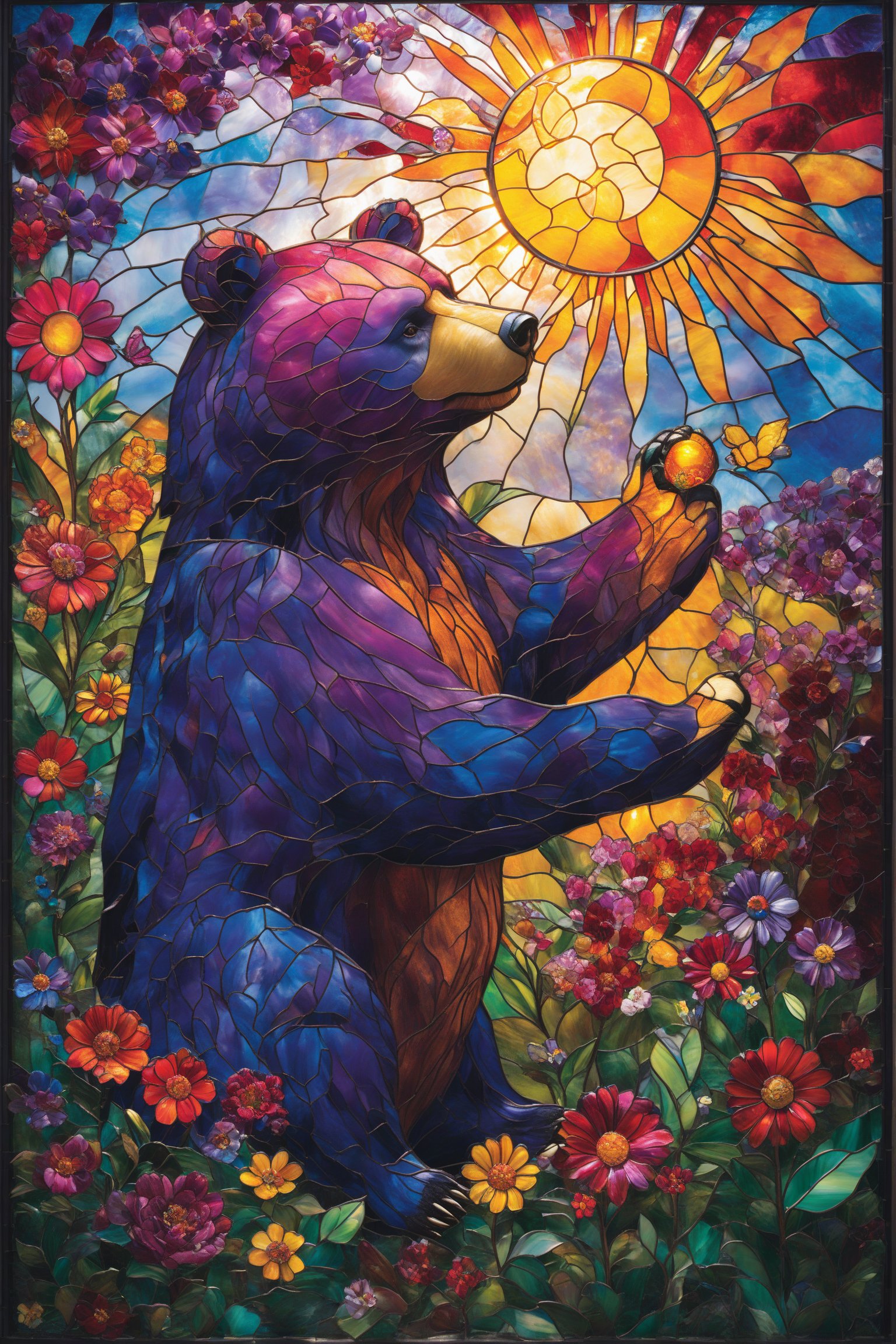 A vibrant stained glass artwork. At its center, a large, colorful bear is depicted, surrounded by a myriad of flowers in various shades of red, yellow, and purple. Above the bear, a radiant sun shines down, casting a warm glow. To the left of the bear, a young girl with dark hair and a red bow is seen, reaching out to the bear with a golden orb in her hand. The background is filled with more flowers and leaves, creating a lush, dreamy landscape.