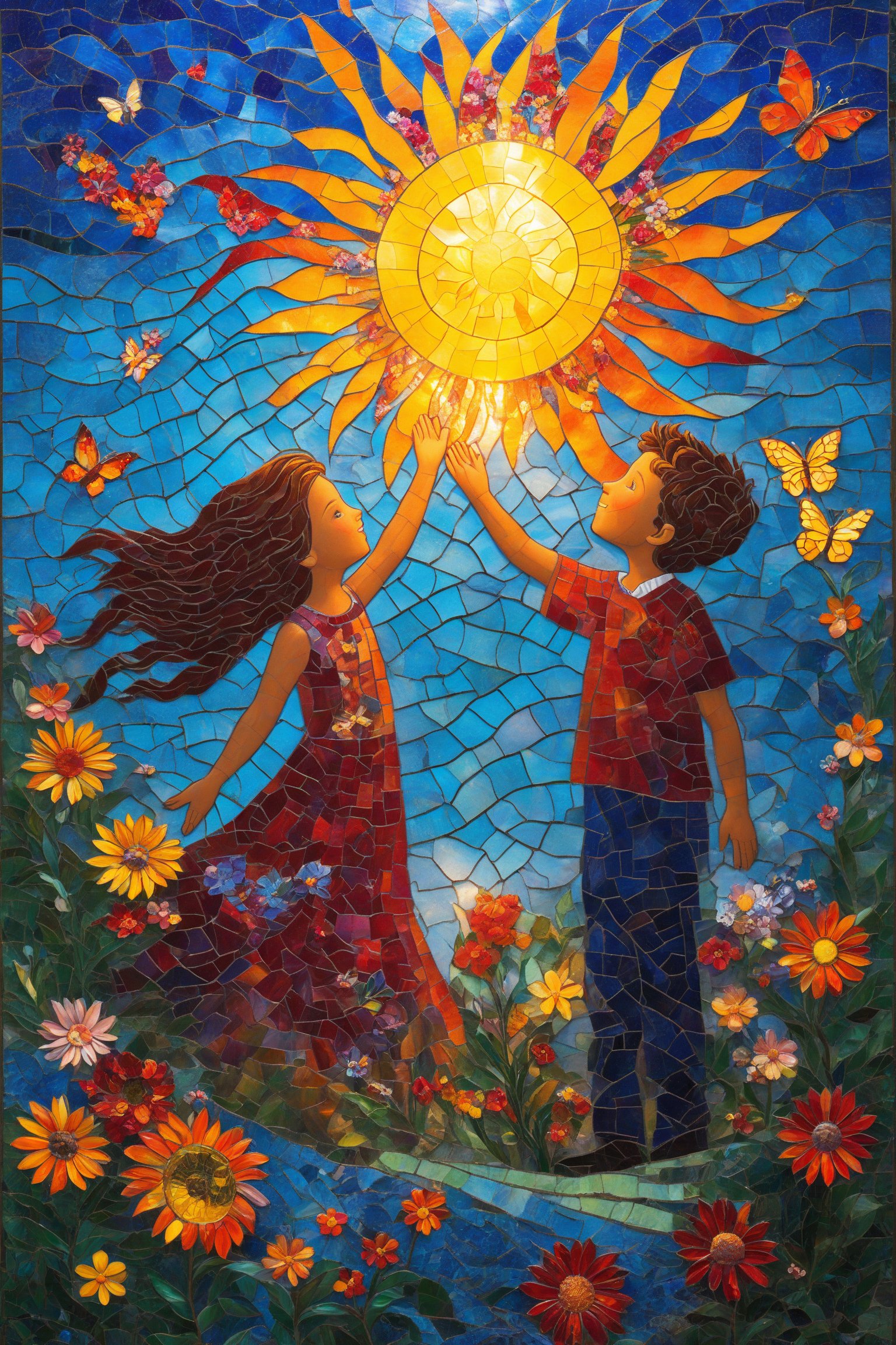 A vibrant mosaic artwork that showcases a radiant sun surrounded by colorful flowers and butterflies. Below the sun, two animated figures, a girl and a boy, are depicted. The girl, with flowing hair, reaches out towards the sun, while the boy stands beside her, looking up. The background consists of a myriad of blue tiles, creating a night sky effect. The bottom of the image is adorned with intricate patterns of swirls, plants, and more flowers, giving a sense of depth and a garden-like setting.