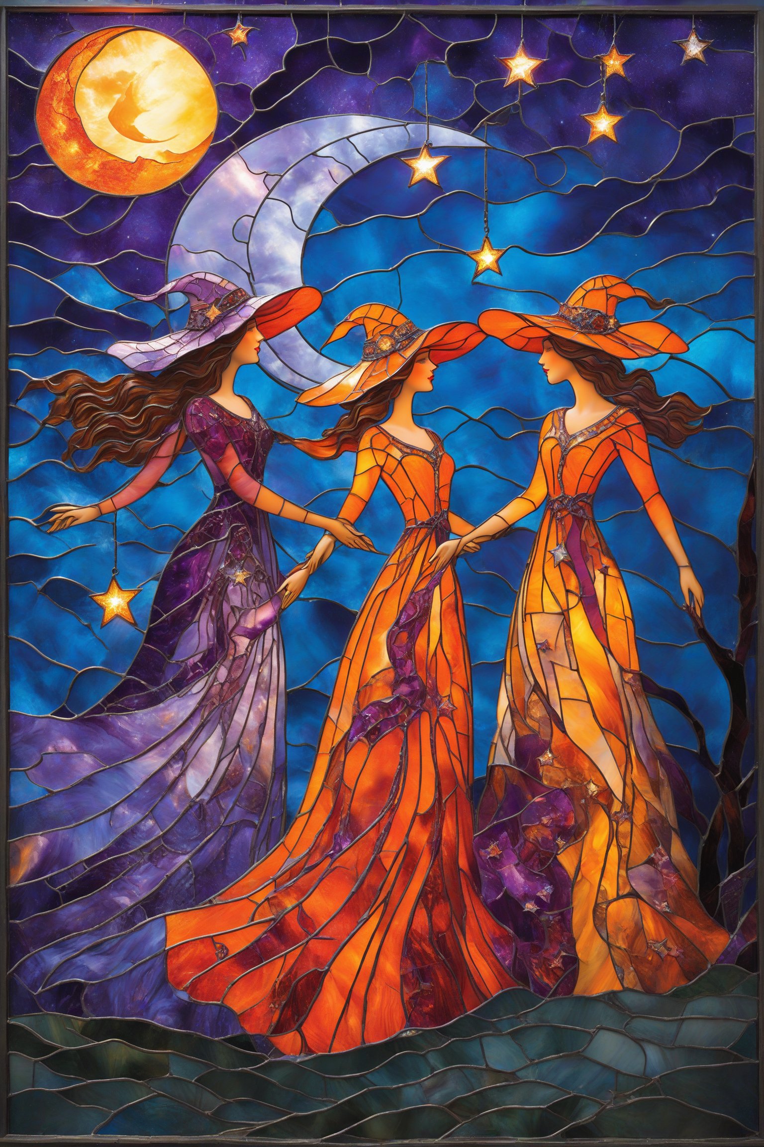 A stunning stained-glass artwork. It features three ethereal women, each adorned with a unique hat and flowing dress, set against a vibrant backdrop of a moonlit night. The women are positioned in a triangular formation, with the central figure facing the viewer. The leftmost woman wears a hat resembling a crescent moon and a dress in shades of orange and blue. The middle woman dons a hat with a star and a dress in shades of blue and purple. The rightmost woman sports a hat with a crescent moon and a dress in shades of purple and orange. The background is awash with hues of blue, orange, and yellow, depicting a night sky with floating orbs and silhouettes of trees. At the bottom, there are pumpkins, suggesting a Halloween theme.