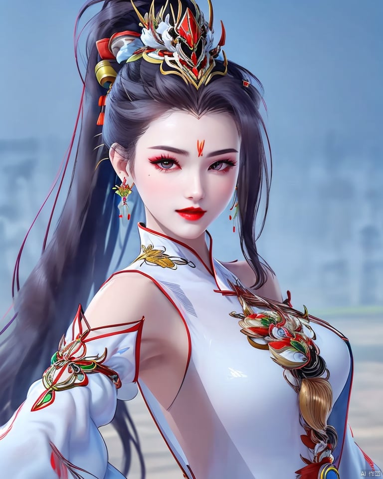 1girl, solo, long hair, looking at viewer, black hair, hair ornament, dress, jewelry, upper body, ponytail, earrings, detached sleeves, blurry, makeup, blurry background, facial mark, chinese clothes, forehead mark, red lips