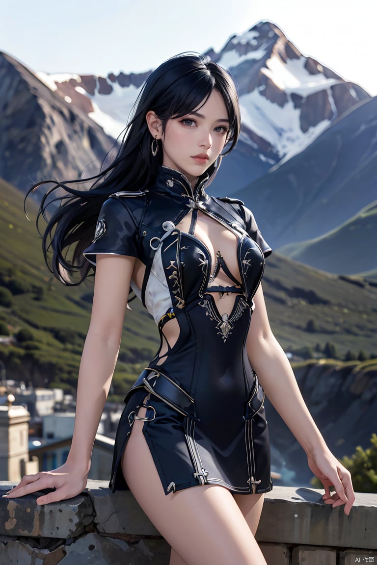 (High quality, High resolution, High quality, Fine details), 1girl, black hair, long hair, mountain background, short dress, black hair, earrings, ,Laegrinna,