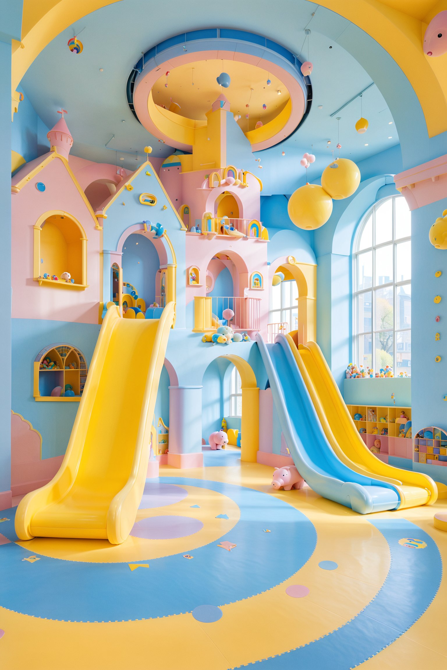 An indoor play area designed with a pastel theme. Dominated by shades of blue and pink, the space features a large yellow slide, a pink castle-like structure with arches, and a playful rainbow arch overhead. Toys, including a teddy bear and a piggy bank, are scattered around. The ceiling is adorned with hanging toys and decorative elements, and there's a large window on the left, allowing natural light to flood in. The floor is a mix of blue and yellow, and there's a circular platform with toys on it.