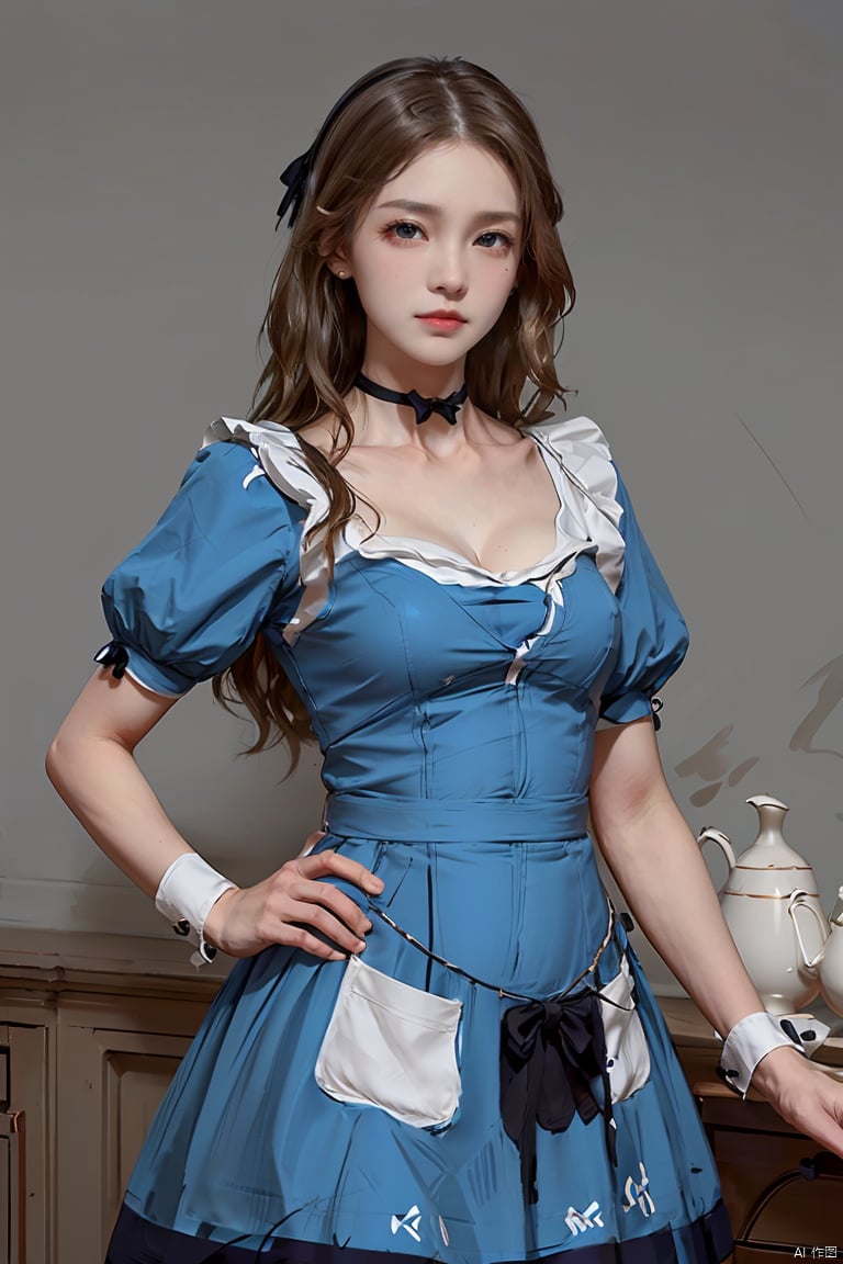 (High quality, High resolution, High quality, Fine details),1girl, black choker, blonde hair, long hair, blue eyes, blue dress, alice (alice in wonderland), puffy short sleeves, puffy sleeves, cleavage, wrist cuffs, black bow, apron, large breasts, black hairband, thighs, white apron, watch,