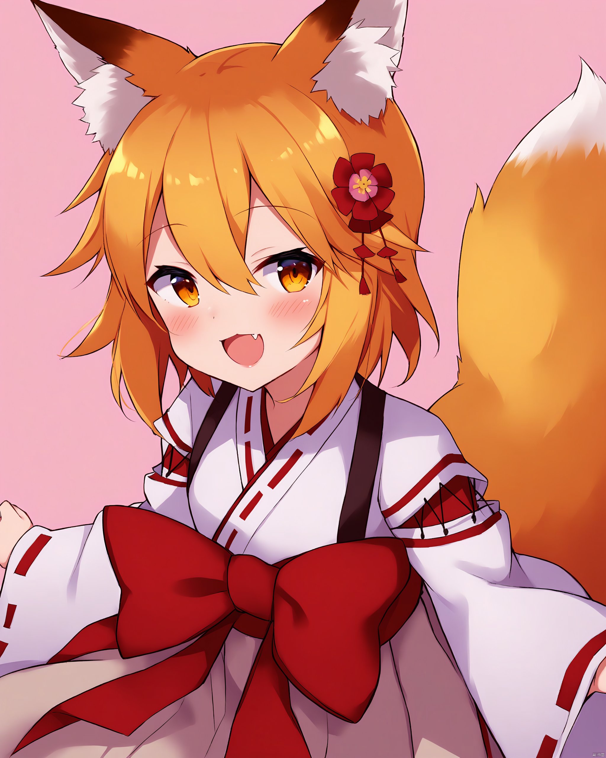 1girl, animal_ear_fluff, animal_ears, blonde_hair, blush, commentary_request, fang, flower, fox_ears, fox_girl, fox_tail, hair_between_eyes, hair_flower, hair_ornament, highres, japanese_clothes, looking_at_viewer, miko, open_mouth, ribbon_trim, senko_\(sewayaki_kitsune_no_senko-san\), sewayaki_kitsune_no_senko-san, smile, solo, tail, tatejima_uri