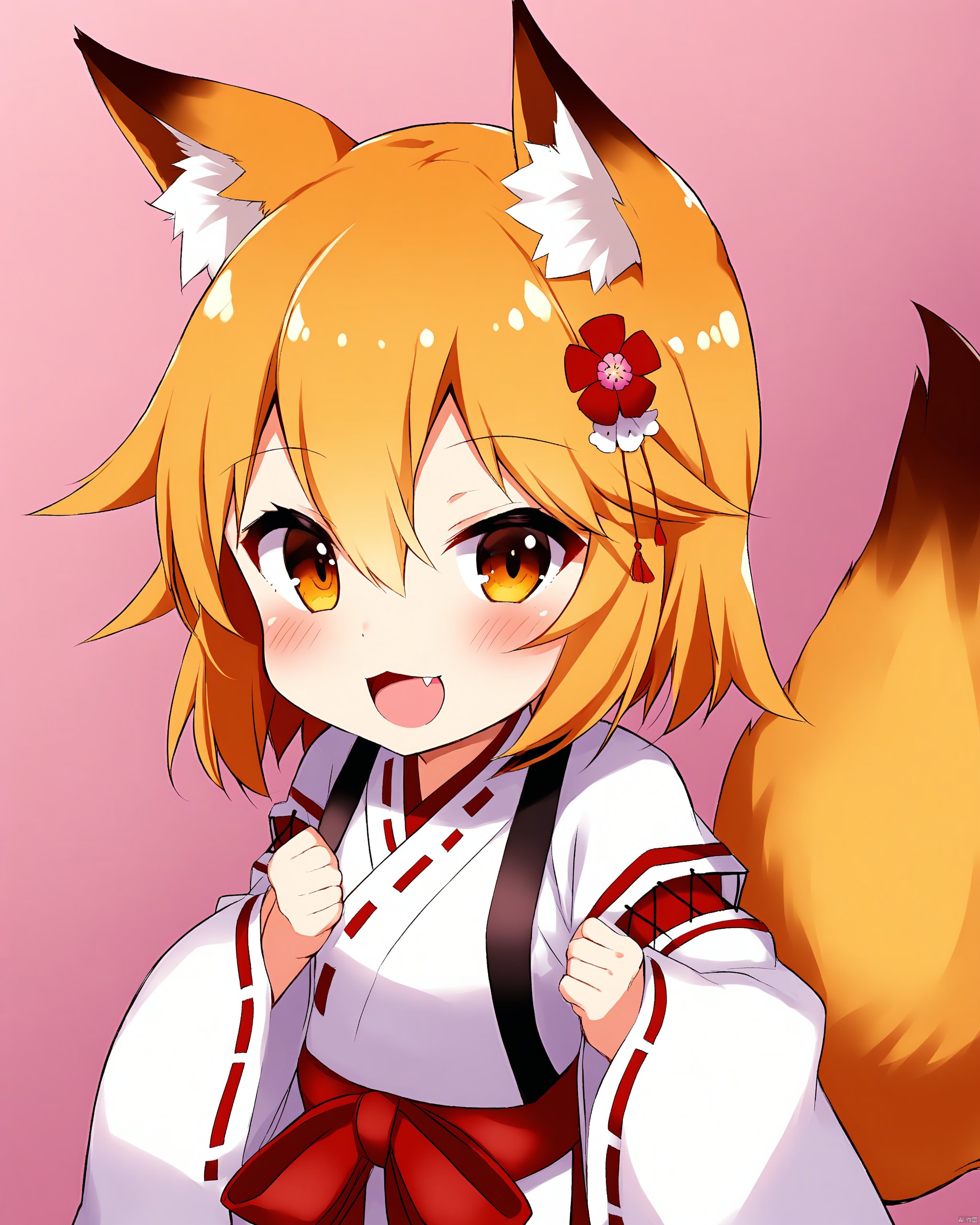 1girl, animal_ear_fluff, animal_ears, blonde_hair, blush, commentary_request, fang, flower, fox_ears, fox_girl, fox_tail, hair_between_eyes, hair_flower, hair_ornament, highres, japanese_clothes, looking_at_viewer, miko, open_mouth, ribbon_trim, senko_\(sewayaki_kitsune_no_senko-san\), sewayaki_kitsune_no_senko-san, smile, solo, tail, tatejima_uri