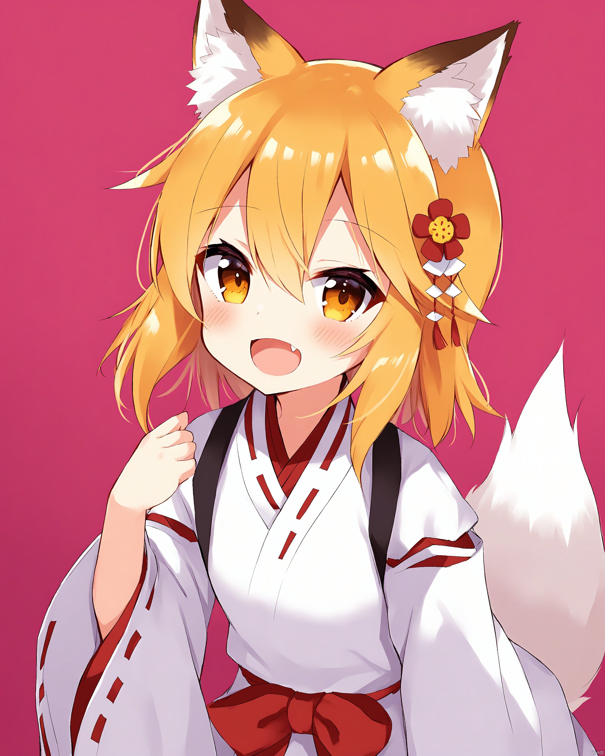 1girl, animal_ear_fluff, animal_ears, blonde_hair, blush, commentary_request, fang, flower, fox_ears, fox_girl, fox_tail, hair_between_eyes, hair_flower, hair_ornament, highres, japanese_clothes, looking_at_viewer, miko, open_mouth, ribbon_trim, senko_\(sewayaki_kitsune_no_senko-san\), sewayaki_kitsune_no_senko-san, smile, solo, tail, tatejima_uri