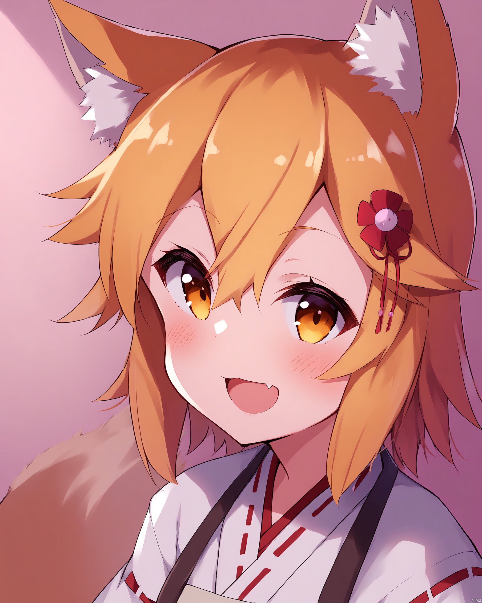 1girl, animal_ear_fluff, animal_ears, blonde_hair, blush, commentary_request, fang, flower, fox_ears, fox_girl, fox_tail, hair_between_eyes, hair_flower, hair_ornament, highres, japanese_clothes, looking_at_viewer, miko, open_mouth, ribbon_trim, senko_\(sewayaki_kitsune_no_senko-san\), sewayaki_kitsune_no_senko-san, smile, solo, tail, tatejima_uri