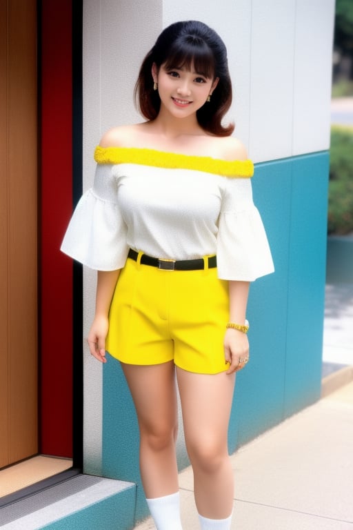 japanese idol 80s, 1girl, solo, full body, yellow shorts, off-shoulder shirt