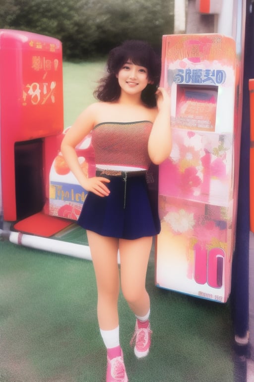 japanese idol 80s, 1girl, solo, full body, looking to the side, tube top, ViNtAgE