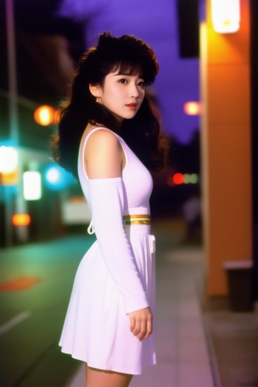 japanese idol 80s, 1girl, solo, full body, profile view, parted lips, night