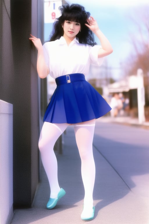 japanese idol 80s, 1girl, solo, full body, looking to the side, straight hair, skirt, ViNtAgE, perfect hands, white pantyhose