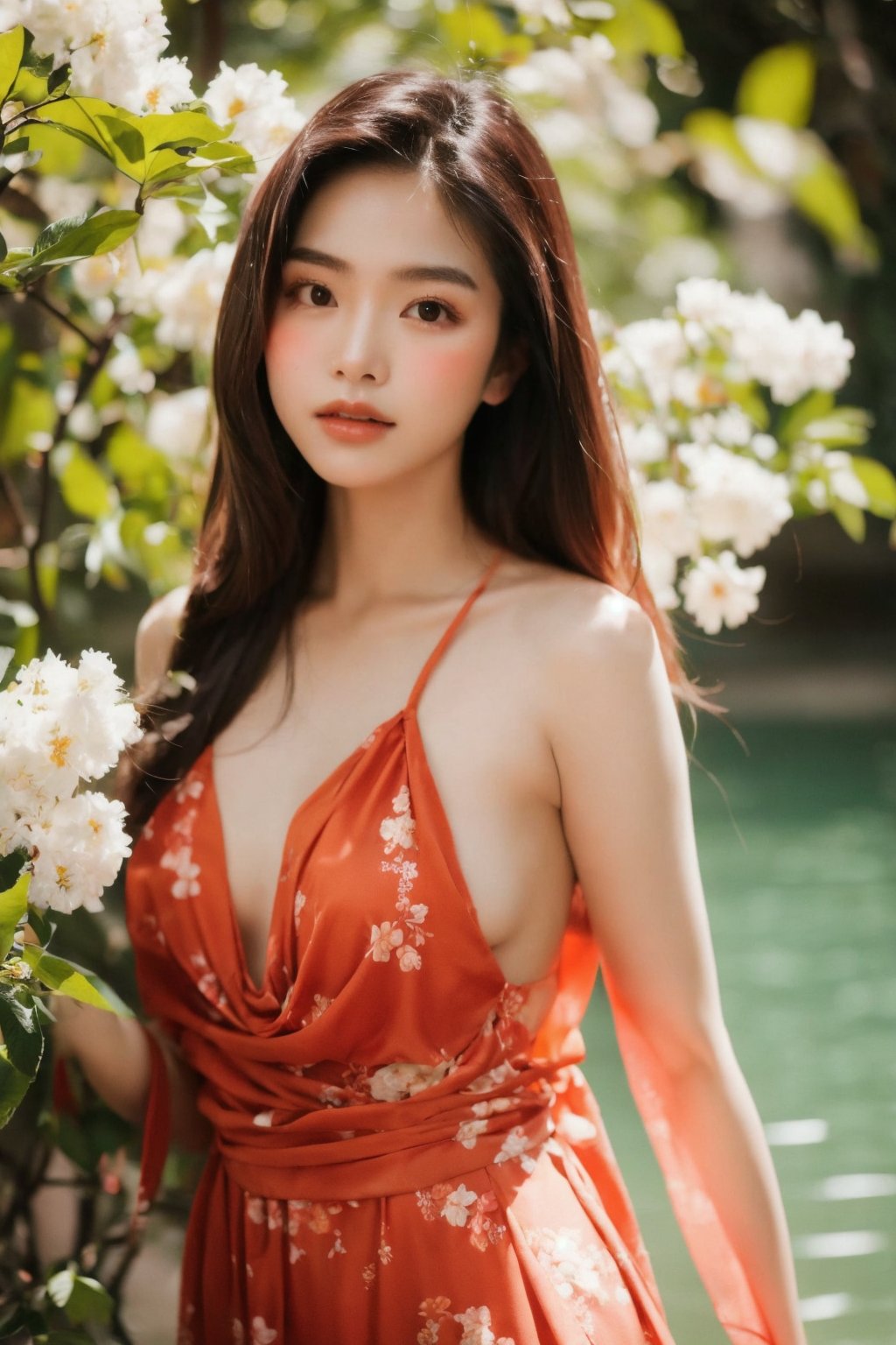 A sensual portrait of a stunning Thai woman posing in a flowing sundress, long brown hair,flower_portrait_style
