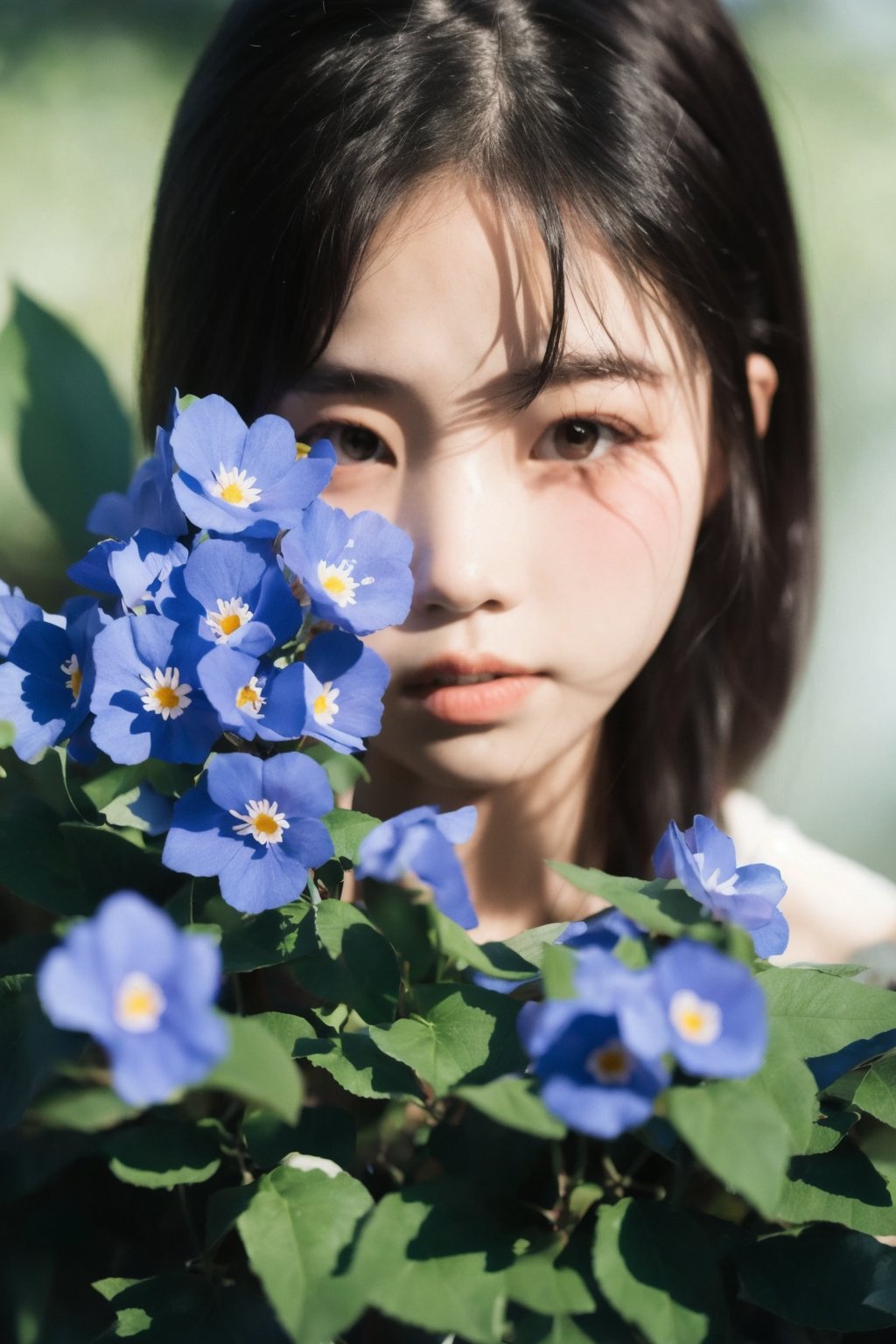 portrait of thai girl, blue flowers, sunlight, shadow of leafs, minimalism,flower_portrait_style
, blurry_foreground, mist, high quality