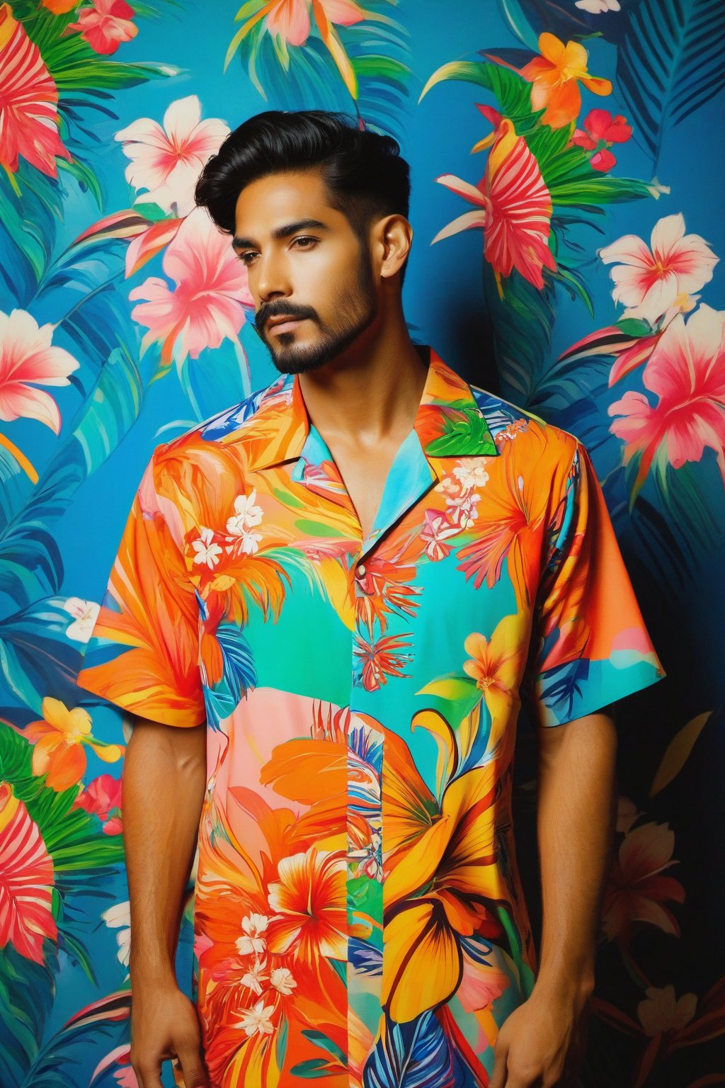 Man in a colorful dress posing for a picture, a portrait inspired by Eva Gonzalès, tumblr, art nouveau, elegant tropical prints, floral art novuea dress, wearing a hawaiian dress, flower dress, boy with glowing flowers dress, floral clothes, graphic print, flowery dress, dressed in a flower dress, shirt, colorful dress