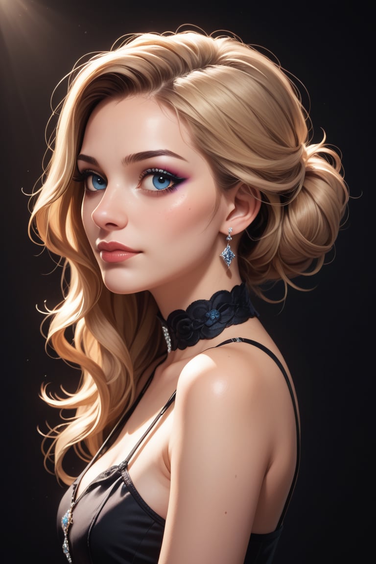 score_9, score_8_up, score_7_up, score_6_up, score_5_up, score_4_up score_9,score_8_up, digital art, female portrait, realistic 3D illustration, blue eyes, blonde hair, elegant updo, soft lighting, contemplative expression, dark background, subtle makeup, high-resolution, detailed texture, emotional depth, dramatic mood, classic black dress, side profile, serene atmosphere, cinematic lighting.