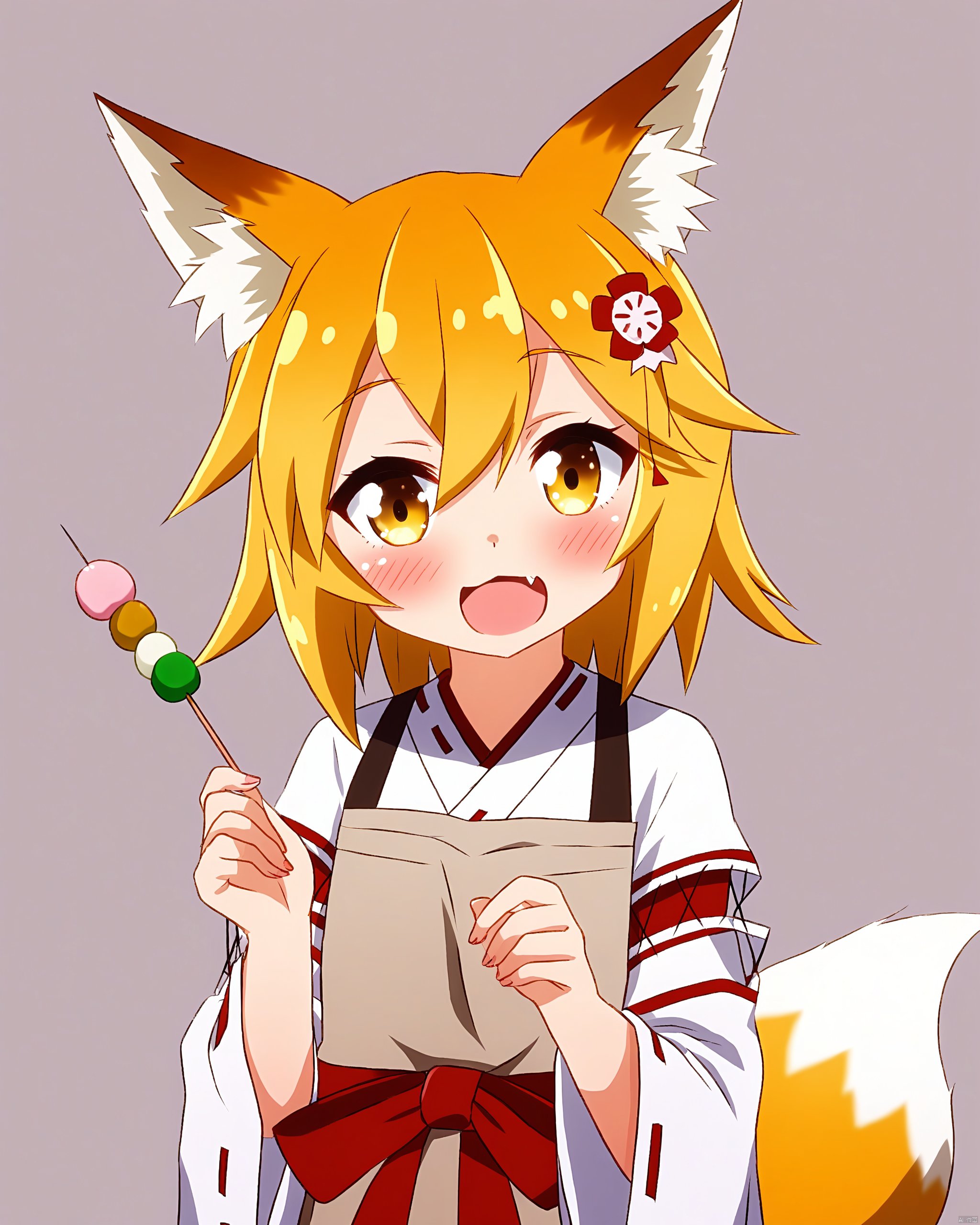 1girl, animal_ear_fluff, animal_ears, apron, bio012450, blonde_hair, blush, commentary_request, dango, detached_sleeves, fang, food, fox_ears, fox_girl, fox_tail, giving, hair_between_eyes, hair_ornament, head_tilt, highres, holding, holding_food, japanese_clothes, looking_at_viewer, miko, open_mouth, sanshoku_dango, senko_\(sewayaki_kitsune_no_senko-san\), sewayaki_kitsune_no_senko-san, short_hair, simple_background, skewer, skin_fang, solo, standing, tail, upper_body, wagashi, white_background, yellow_eyes