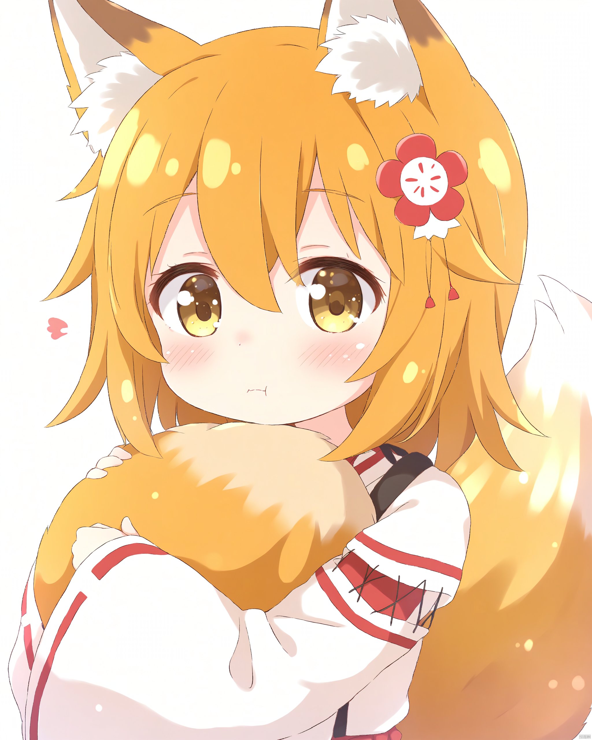 1girl, :t, animal_ear_fluff, animal_ears, araki495, blonde_hair, blush, brown_eyes, closed_mouth, commentary_request, flower, fox_ears, fox_girl, fox_tail, hair_between_eyes, hair_flower, hair_ornament, highres, hugging_own_tail, hugging_tail, japanese_clothes, kimono, long_sleeves, looking_at_viewer, pout, red_flower, ribbon-trimmed_kimono, ribbon-trimmed_sleeves, ribbon_trim, senko_\(sewayaki_kitsune_no_senko-san\), sewayaki_kitsune_no_senko-san, solo, tail, upper_body, white_background, white_kimono, wide_sleeves, yellow_eyes